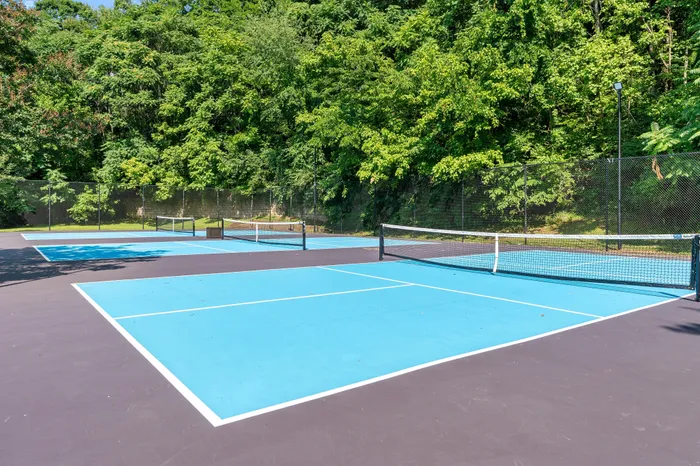Vibrant outdoor tennis courts surrounded by lush green trees, perfect for recreational play.