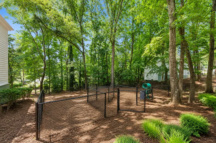 Charming fenced outdoor area nestled among lush green trees, perfect for relaxation and enjoying nature in a serene setting.