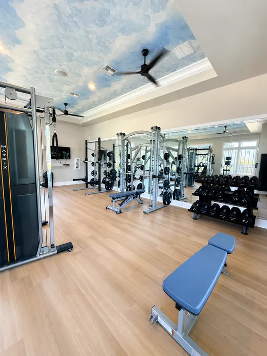 Modern fitness center with state-of-the-art gym equipment, mirrored walls, and a sky-themed ceiling.