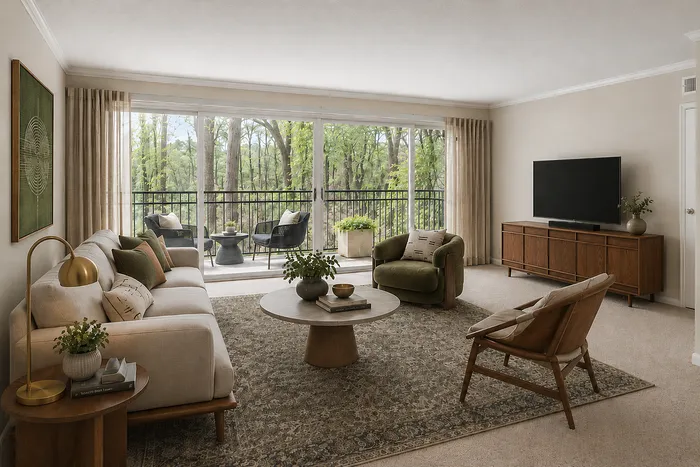 Inviting living room with modern decor, featuring a plush sofa and a scenic view through expansive windows leading to a balcony.
