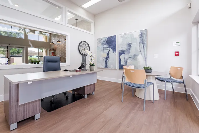 Modern office space with sleek desk, stylish decor, and natural light.