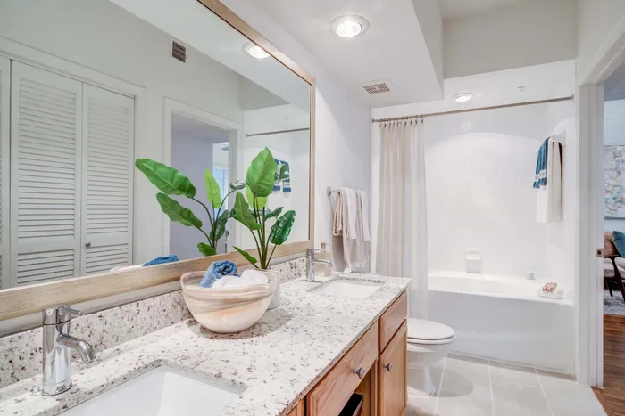 Elegant bathroom with granite countertops, double sinks, and a spa-like tub, accented by lush green plant decor.