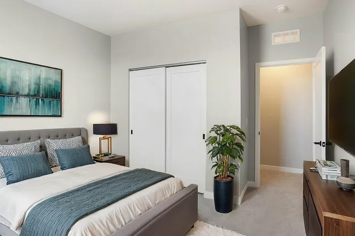 Elegantly designed bedroom featuring a plush gray upholstered bed, modern decor, and a stylish potted plant for a touch of nature.