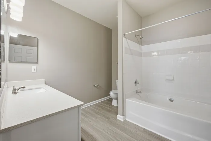 Modern bathroom featuring elegant fixtures, polished counter, and a pristine bathtub, perfect for relaxation.
