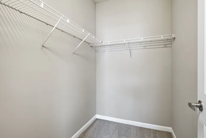 Spacious walk-in closet with sleek white shelving, perfect for organizing and maximizing storage.