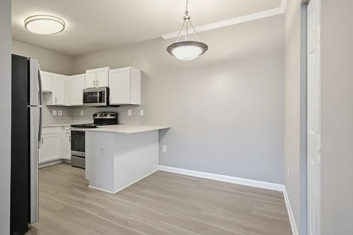 Modern kitchen with sleek stainless steel appliances, white cabinetry, and a stylish pendant light illuminating the open layout.