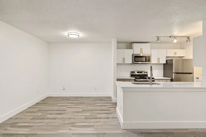 Modern apartment kitchen with sleek stainless steel appliances, elegant white cabinetry, and a stylish open layout.
