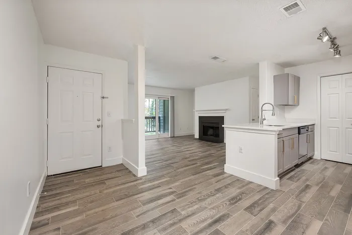Contemporary apartment interior with elegant wood flooring, sleek modern kitchen, and a cozy fireplace opening to a bright balcony area.