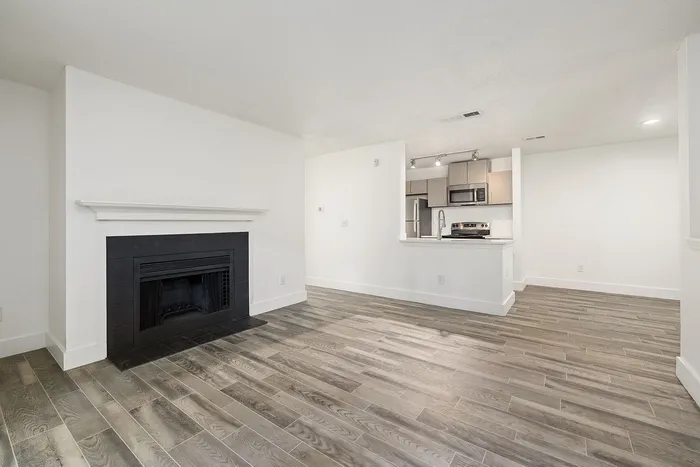 Charming apartment living space featuring elegant hardwood flooring, a sleek black fireplace, and a modern open kitchen with stainless steel appliances.