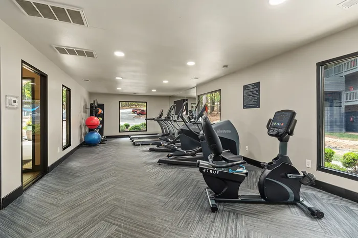 Modern apartment gym with state-of-the-art exercise equipment, bright windows, and sleek flooring.