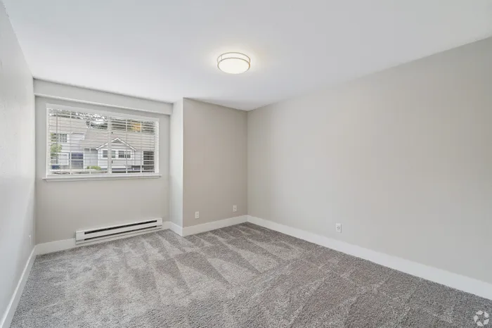 Bright and inviting bedroom with fresh carpeting and ample natural light from a large window, offering a serene and cozy atmosphere.