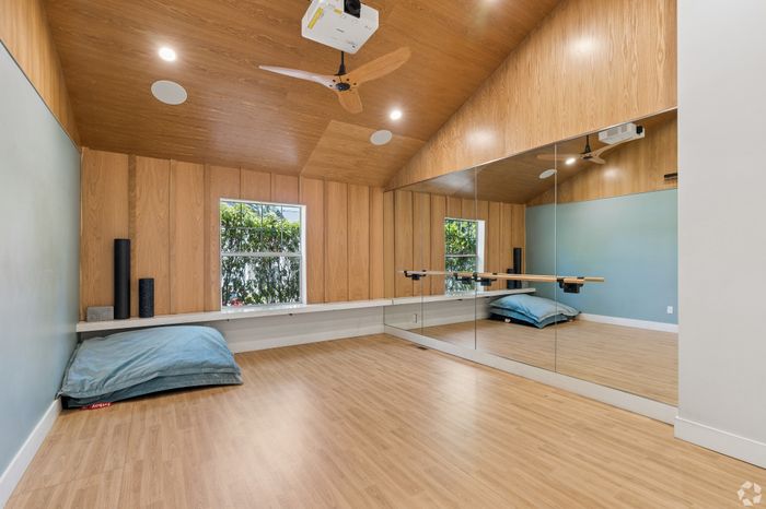 Modern indoor exercise room with wooden paneling, a large mirror wall, ceiling fan, and natural light showcasing a serene ambiance.