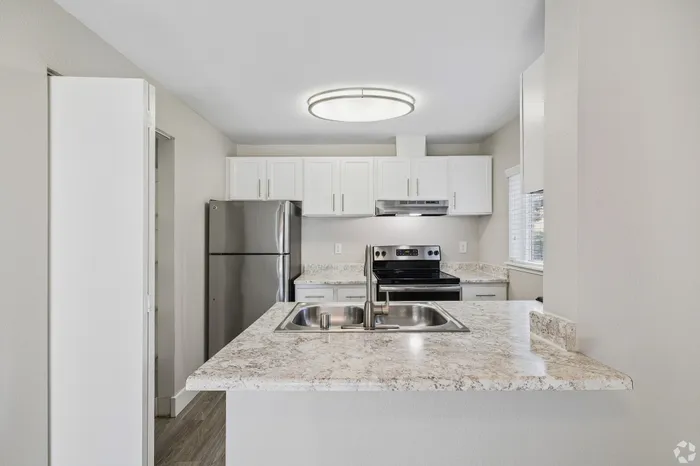 Modern kitchen with stainless steel appliances, sleek marble countertops, and elegant cabinetry.