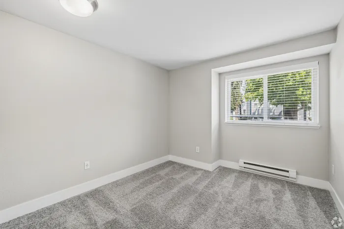 Bright, cozy room featuring plush carpeting, neutral walls, and a large window with scenic outdoor views.