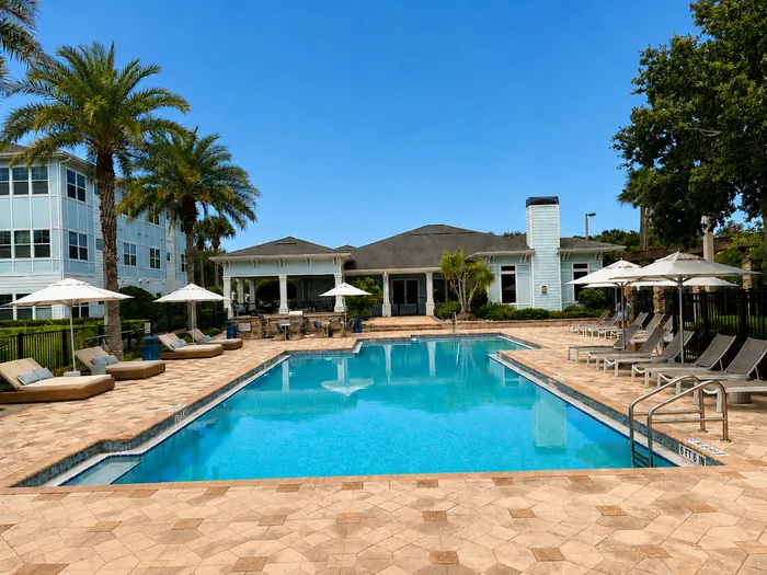 Luxurious poolside oasis with modern sun loungers, elegant umbrellas, and lush palm trees against a bright blue sky backdrop.