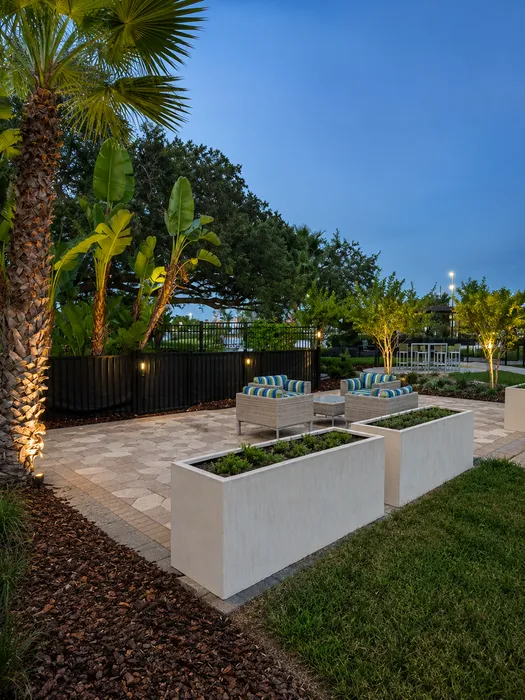 Charming outdoor patio with modern seating, lush palm trees, and elegant planters for an inviting ambiance.