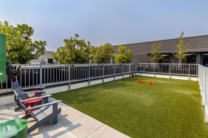 Charming rooftop terrace featuring lush artificial grass area, modern seating, and vibrant greenery for urban relaxation.