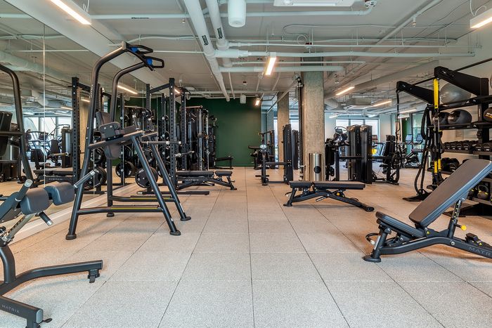 Modern fitness center with state-of-the-art equipment, featuring strength training machines, benches, and bright, open space for an invigorating workout experience.