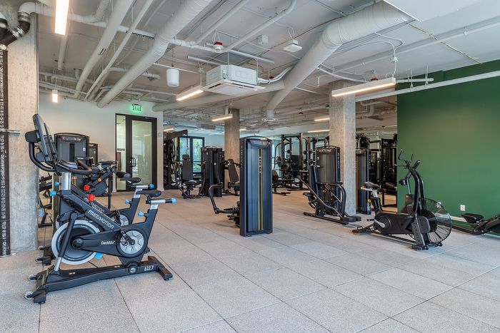 Spacious and modern gym equipped with state-of-the-art exercise machines, offering an inviting atmosphere for fitness enthusiasts.