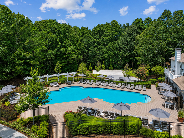 Aerial view of the resort-inspired pool and surrounding community spaces at Avana TownPark in Kennesaw, GA