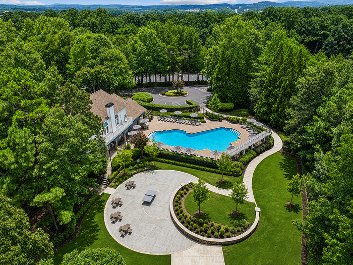 Aerial drone view of Avana TownPark apartment community and landscaped grounds in Kennesaw, GA