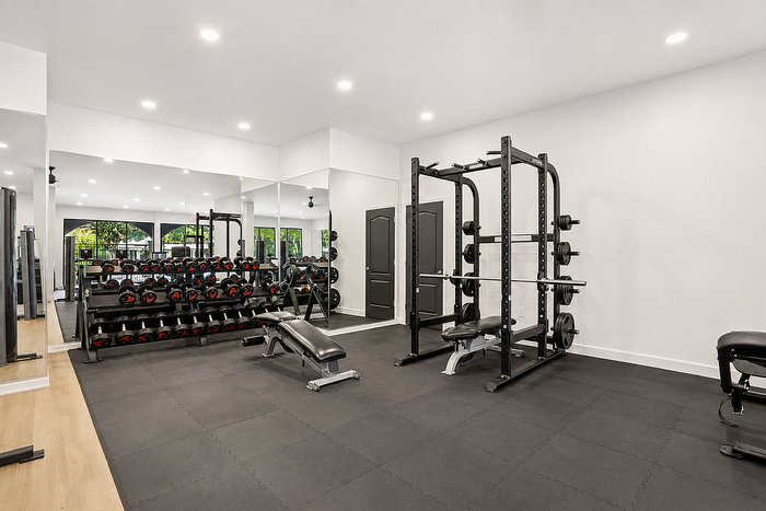 Free weights and strength training equipment in the Avana TownPark fitness center in Kennesaw, GA
