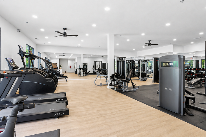 Fitness center with cardio and strength training equipment at Avana TownPark apartments in Kennesaw, GA