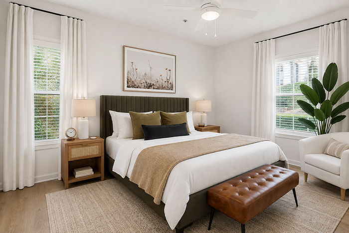 Diamond renovation primary bedroom with large windows and updated finishes at Avana TownPark in Kennesaw, GA