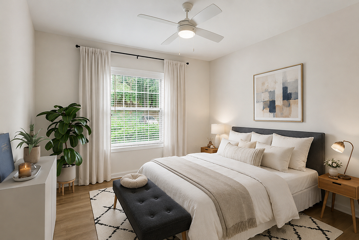 Bright apartment bedroom with large window and natural light at Avana TownPark in Kennesaw, GA