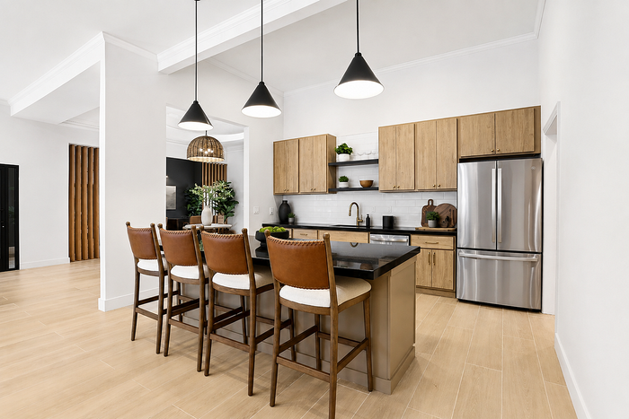 Community kitchen with island seating and stainless steel appliances at Avana TownPark apartments in Kennesaw, GA