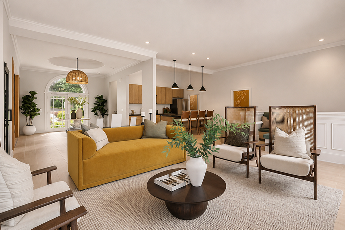 Modern open-concept living space with a stylish mustard sofa, elegant dining area, and sleek kitchen under pendant lighting.