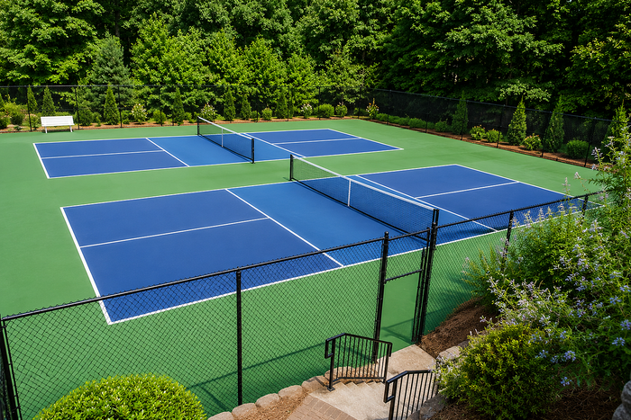 Luxurious apartment complex amenity featuring a vibrant, well-maintained tennis court surrounded by lush greenery, ideal for sports enthusiasts.