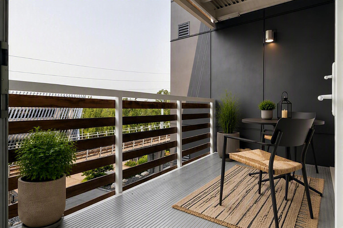 Chic balcony with sleek railing, modern furniture, and lush plants offering a serene outdoor retreat.
