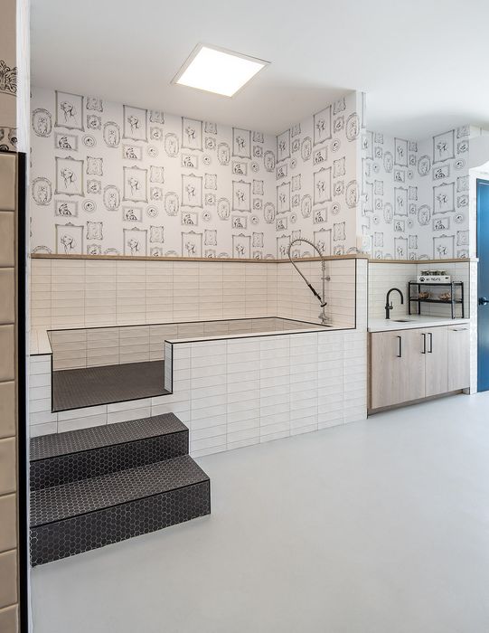 Chic bathroom with modern step-in tub, artistic wall decor, and stylish black and white tiling.