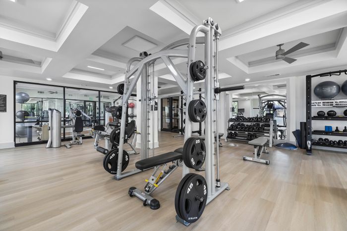 Modern fitness center with state-of-the-art equipment, sleek design, and abundant natural light.
