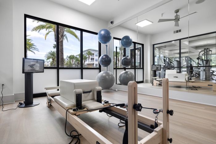Bright and modern gym with top-notch fitness equipment and floor-to-ceiling windows offering a lush, tropical view.