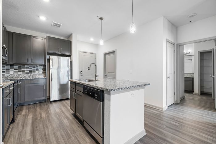 Modern kitchen with sleek granite countertops, stainless steel appliances, and elegant cabinetry, perfect for culinary enthusiasts.