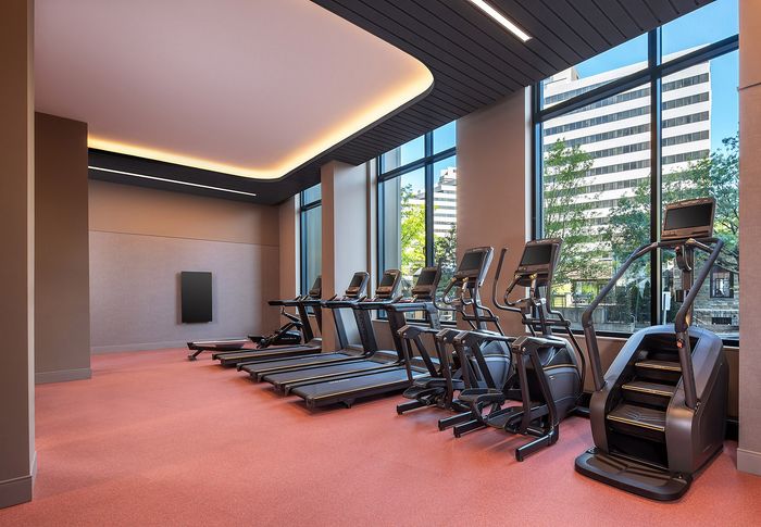 Modern fitness center with state-of-the-art treadmills and elliptical machines, bathed in natural light from large windows.
