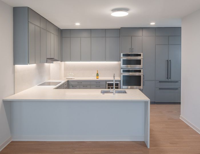 Sleek modern kitchen with stylish gray cabinetry, spacious countertops, and integrated stainless steel appliances.