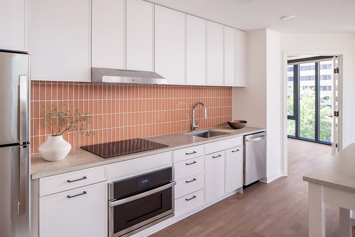 Contemporary kitchen with sleek white cabinetry, modern stainless steel appliances, and elegant terracotta backsplash.