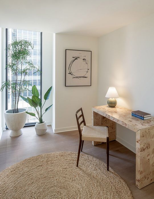 Elegant home office corner with natural light, featuring a stylish wood desk, artful chair, and vibrant indoor plants.