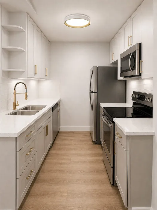 Sleek, modern kitchen with stainless steel appliances, elegant cabinetry, and warm wood flooring.