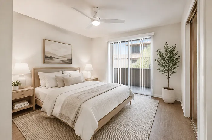 Elegant bedroom with a cozy ambiance, featuring a modern ceiling fan, stylish artwork, and a serene view through floor-to-ceiling windows.