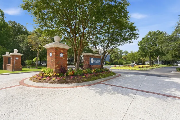 Inviting entrance to Avana apartment homes featuring vibrant landscaping, brick pillars, and lush trees on a sunny day.