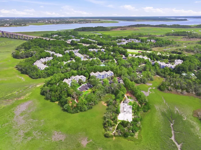 Aerial view of serene apartment community nestled in lush greenery by a scenic river, showcasing a tranquil and picturesque living environment.