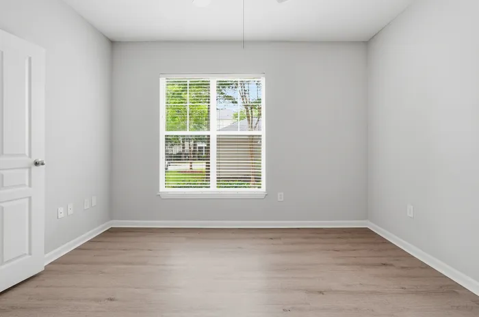 Bright, empty room with fresh white walls and warm wood flooring, featuring a large window offering greenery views.