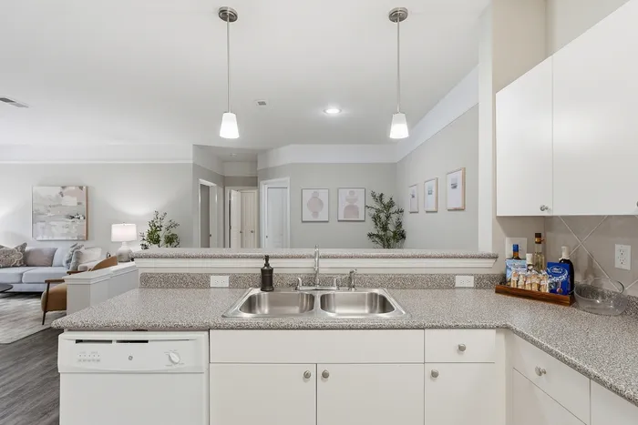 Sleek modern kitchen with granite countertops and a view into a stylish living room, perfect for entertaining.