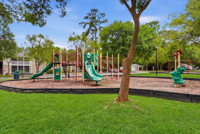Charming community playground featuring vibrant slides and climbing structures surrounded by lush greenery, perfect for family enjoyment.