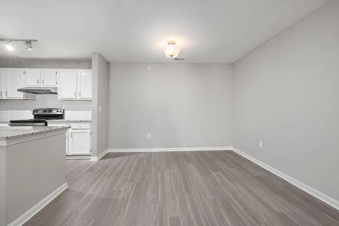 Elegant apartment interior with a modern, open kitchen featuring granite countertops and sleek laminate flooring.