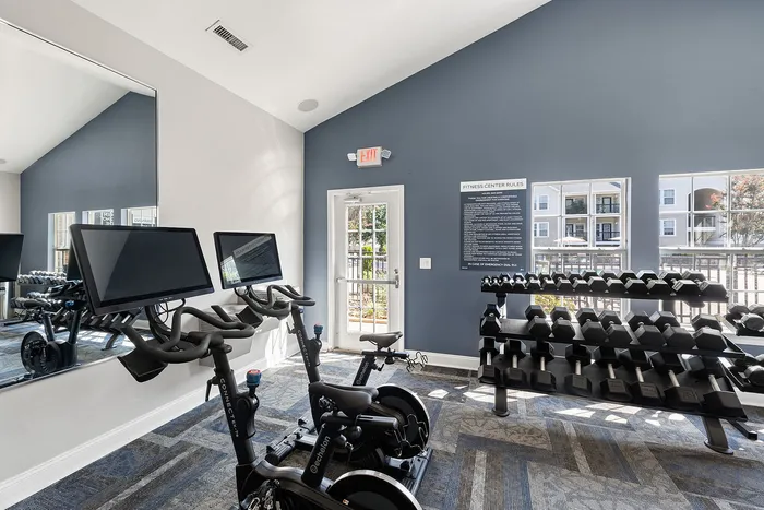 Modern fitness center with state-of-the-art exercise bikes and a variety of free weights, brightly lit with natural light for an invigorating workout experience.